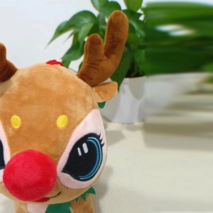 Cute brown Christmas reindeer plush doll with red nose and green scarf decoration