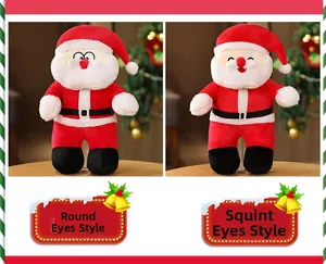 Detail of plush Santa Claus toys with round and squinting eye expressions for Christmas