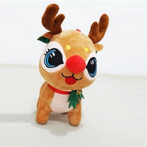Cute Christmas reindeer plush toy with red nose and bell on a minimalist white background