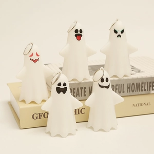 Set of five white Halloween ghost hanging ornaments with various expressions and LED light