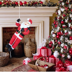 Detail of 60cm climbing Santa Claus plush hanging from rope for Christmas home decoration