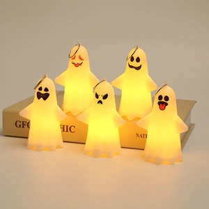 Set of five Halloween LED ghost lights with various expressions and hanging clips