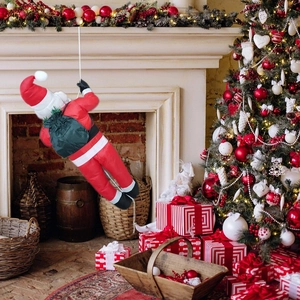 60cm climbing Santa Claus plush doll with green gift bag for indoor Christmas decoration
