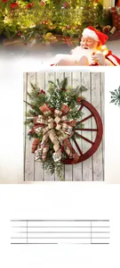 Detailed view of a 45cm Christmas pine cone wreath with a red wooden wheel and burlap bow