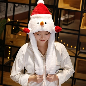 Funny plush snowman hat with moving ears and red Santa cap for Christmas festivities