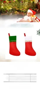 Detail of non-woven Christmas stocking featuring white cuff with gold trim and sizing chart