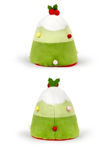 Detail view of plush Christmas tree hat with soft green texture and festive ornaments
