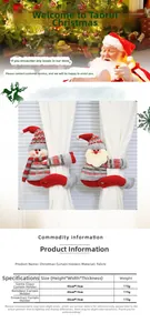Size chart for 46cm Christmas curtain tiebacks featuring Santa, Reindeer and Snowman