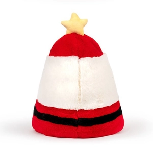 Reversible plush Santa hat with yellow star topper and red black striped festive design
