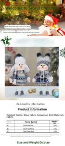 Size chart showing dimensions and weight for blue fabric snowman Christmas figurines