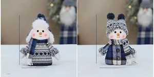 Detail view of blue festive snowman plush dolls with dimensions 20cm height and 135g weight