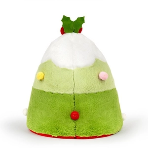 Reversible plush Christmas tree hat with colorful pom-poms and festive berry decoration