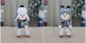 Close-up of plush blue Christmas snowman dolls with wooden skis, height 28cm décor