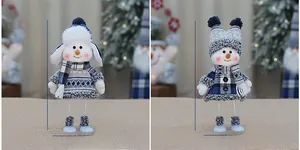 Detail view of 33cm blue fabric Christmas snowmen with knitted hats and sweaters
