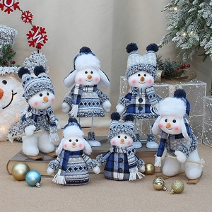 Blue Christmas Snowman Figurine Nordic Style Fabric Knitted Hat Scarf Winter Holiday Plaid Snowman Desktop Ornament For Home Decoration