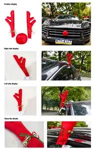 Close-up of plush red reindeer antlers with golden bells for car window Christmas decor