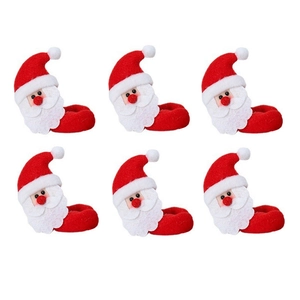 Lot de 6 ronds de serviette Père Noël en peluche avec bonnets rouges pour décor de Noël