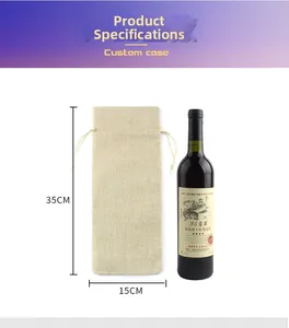 Detailed view of burlap drawstring wine bag showing dimensions 15x35cm and jute texture