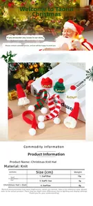 Detailed size chart for mini knitted Christmas hats and scarves with dimensions and weight