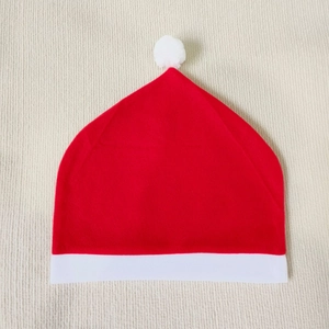 Classic red Christmas car headrest cover with white pompom on beige striped fabric