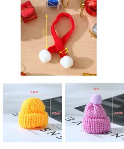 Detailed view of mini knitted Christmas scarf and hats with precise size measurements