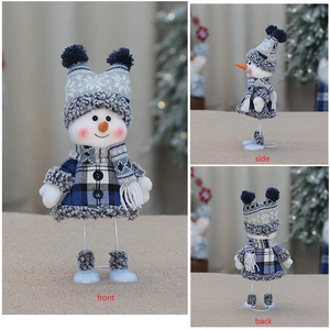 Detailed views of a blue plaid Christmas snowman doll showing front side and back angles