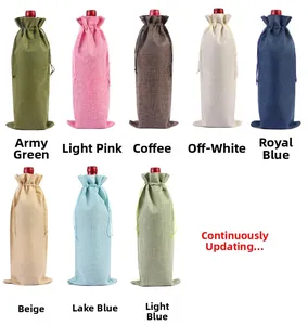 Selection of colorful drawstring burlap wine bags for festive gift packaging in 8 tones
