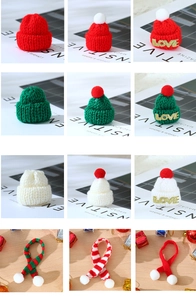 Mini knitted Christmas hat and scarf set for dolls and DIY decor in red and green colors