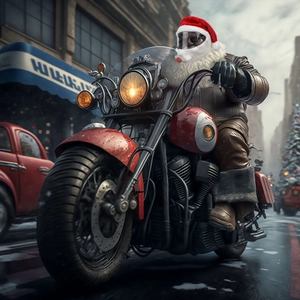 Figura creativa di Babbo Natale su una motocicletta cruiser rossa con cappello festivo