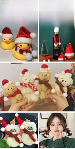 Mini knitted Christmas hats and striped scarves used for doll and wine bottle decoration