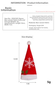 Detail showing non-woven Christmas hat cutlery holder with white snowflake embroidery
