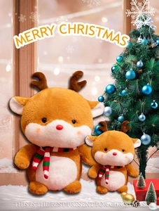 Close-up of brown plush Christmas reindeer dolls with festive scarves and antlers