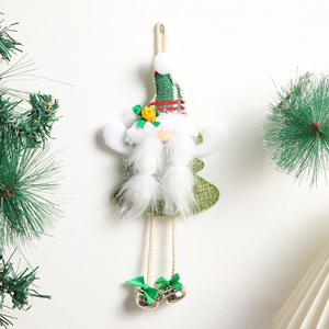 Detail of a green sequined Christmas gnome ornament with white beard and silver bells