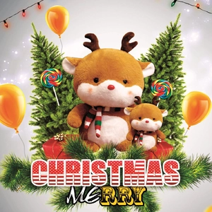 Detail of plush Christmas reindeer set with striped scarves on festive gift boxes