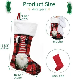 Size chart for large Christmas stocking with gnome and red buffalo plaid pattern