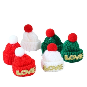 Mini knitted Christmas hats in red green and white colors with gold LOVE letter decor