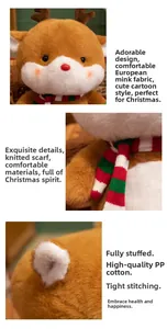 Macro detail of Christmas reindeer plush with soft brown faux fur and knitted scarf