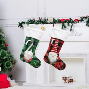 Large Christmas Stocking With 3D Faceless Gnome Plaid Pattern Snowflake Print Hanging Gift Bag For Home Xmas Party Decorations