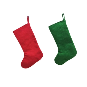 Detail of red and green felt Christmas stockings with hanging loops for holiday decor