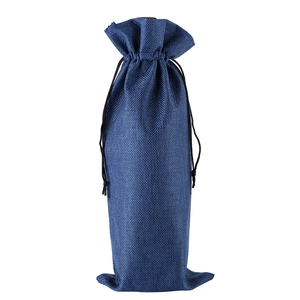 Dark blue burlap wine bottle gift bag with black drawstring closure on white background