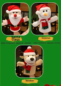 Detailed plush hand puppets showing Santa, Snowman, and Reindeer with height dimensions