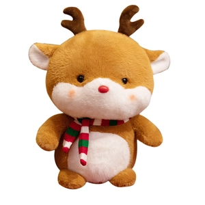 Cute Christmas reindeer plush toy with striped scarf standing on white background