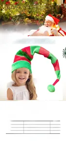 Detailed view of long striped elf hat with red and green patterns and soft pompom
