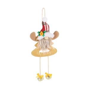 Hanging Christmas gnome with red striped hat, reindeer antlers, and golden bells