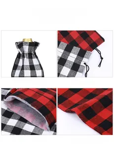 Detail view of plaid wine bags featuring durable nylon drawstring and protective lining