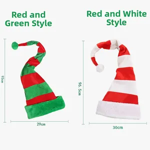 Size details for extra long striped Christmas hats in red, green and white colors