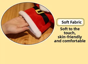 Detail of soft red plush fabric with white faux fur trim and gold belt buckle of Santa suit