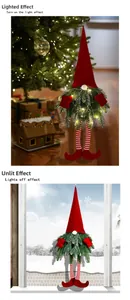 Light-up Christmas Gnome wreath with LED lights and long legs for festive door decoration