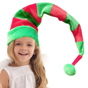 Extra long red and green striped Christmas elf hat for kids festive party costume