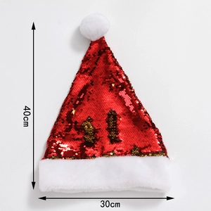 Detail showing red sequin Christmas hat dimensions with 40cm height and 30cm width
